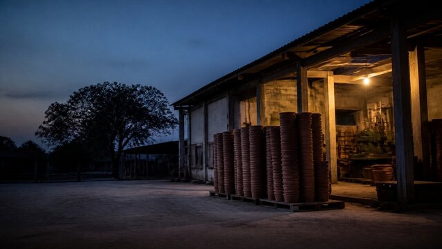 Moody exterior shot of a rustic wooden building at twilight, dramatic low light suggests mystery and quiet moments, perfect for cinematic or moody brand storytelling