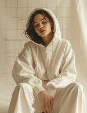 Young woman in white hoodie posing in studio, minimalist fashion portrait