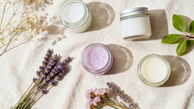 A rustic flat lay arrangement featuring lavender sprigs, small white objects, and natural textures, perfect for wellness, spa, or aromatherapy themes, evoking calm and natural beauty