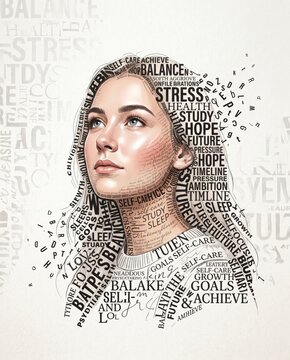 Portrait of a young woman formed by typography words about mental health and wellness.