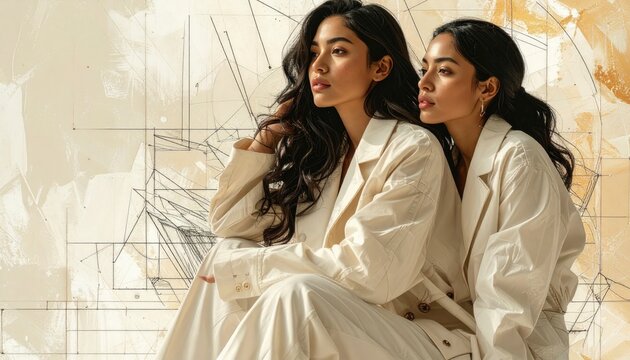 Two stylish young women in white blazers posing together against a textured background.