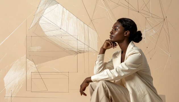 Thoughtful Black woman in white blazer posing against an abstract painted studio wall