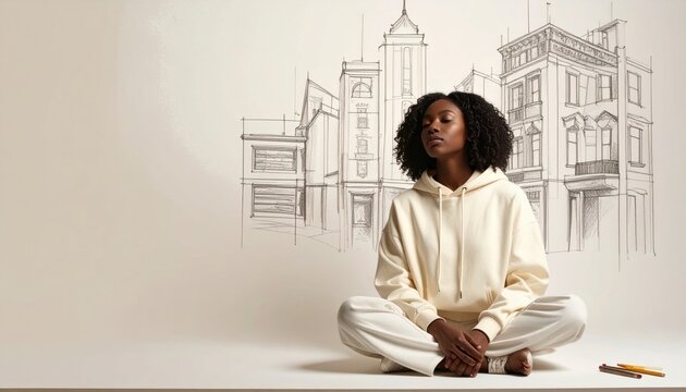 Young Black woman sitting on floor dreaming of city life with hand drawn urban sketch