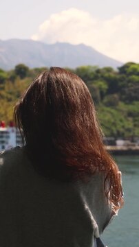 Sakurajima Volcano Island landscape, Japan, Kagoshima prefecture, Kyushu island region, island volcano and bay, Yunohira Observation Deck, ferry trip from Kagoshima, Kirishima-Kinkowan National Park 