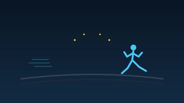 Animated stick figure running and jumping towards a gold medal award
