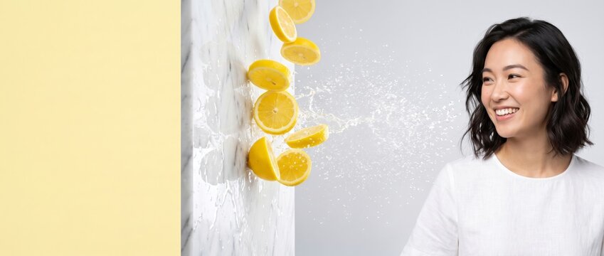 Smiling Asian woman with falling lemon slices and water splash for healthy lifestyle concept