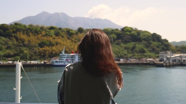 Sakurajima Volcano Island landscape, Japan, Kagoshima prefecture, Kyushu island region, island volcano and bay, Yunohira Observation Deck, ferry trip from Kagoshima, Kirishima-Kinkowan National Park 