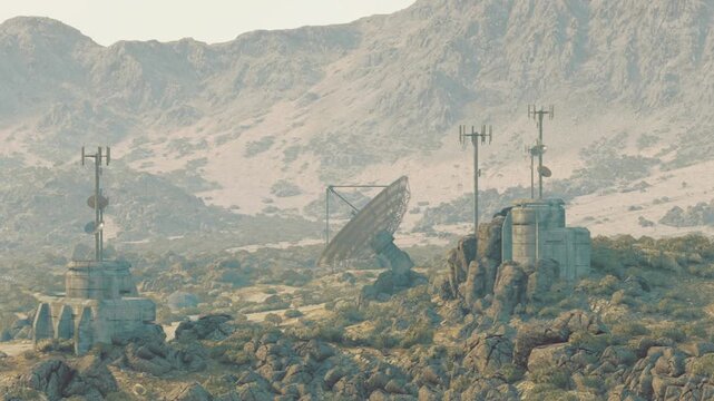 Mountain satellite array under hazy sky, parabolic dishes and relay towers nestled in valley, foggy morning light softening ridgelines, ground control facility