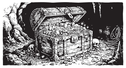 Obraz premium Treasure chest filled with gold coins inside a dark cave treasure adventure illustration underground