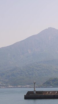 Sakurajima Volcano Island landscape, Japan, Kagoshima prefecture, Kyushu island region, island volcano and bay, Yunohira Observation Deck, ferry trip from Kagoshima, Kirishima-Kinkowan National Park 