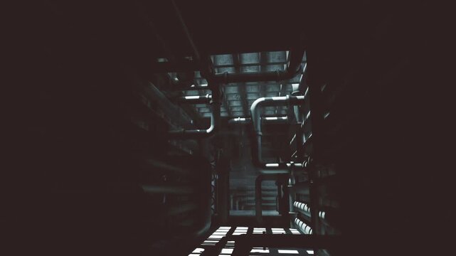 Dark utility corridor lined with pipes and grating, cold teal light casting long shadows over metal conduits, overhead ductwork and ladder, atmospheric