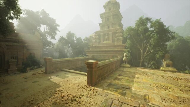 Foggy temple terrace perspective with guarded steps, stone balustrade leading toward central tower, humid foliage and quiet atmosphere suggesting drone mapping