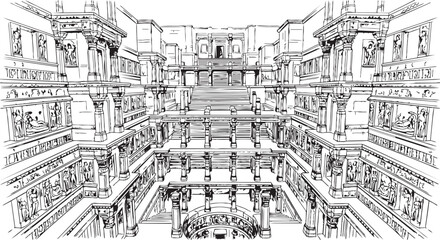 Obraz premium Black and white line art illustration of a grand architectural interior hall with multiple levels, architecture