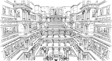 Obraz premium Black and white line art illustration of a grand architectural interior hall with multiple levels, architecture