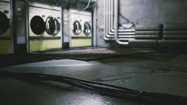 Empty laundromat floor with washer machines in distance, slick concrete and trailing cables, reflective puddles and low fluorescent glow create retro urban
