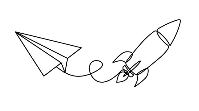 Continuous line art of paper airplane transforming into rocket ship