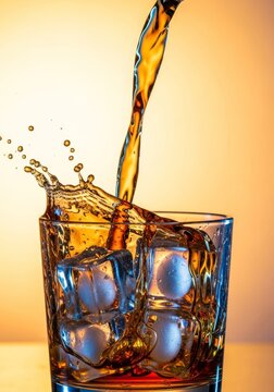 Amber liquid streams into a glass with ice cubes, capturing dynamic splashes and sparkling droplets in high-speed macro studio photography, droplets, detail, drink