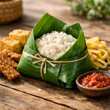 Traditional Indonesian Nasi Uduk Coconut Rice in Banana Leaf