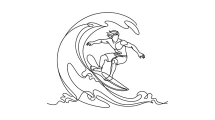 Naklejka premium Continuous Line Drawing of a Surfer Riding a Wave