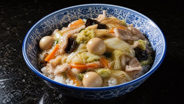 中華丼 白ごはんに八宝菜をかけた一皿 染付の丼