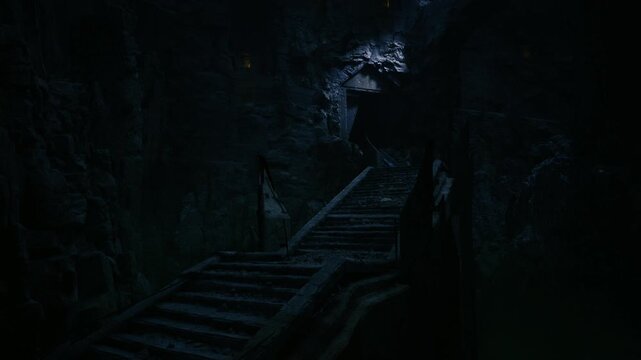 Moonlit mosscovered steps winding through deep cavern, shafts of pale light exposing textured rock and stalactites while hush of night invites night walker