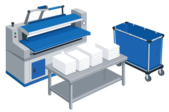 Industrial laundry flatwork ironer machine with folded white linens on metal table and laundry cart