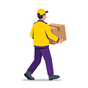 Courier man in yellow uniform carrying cardboard parcel box vector illustration.