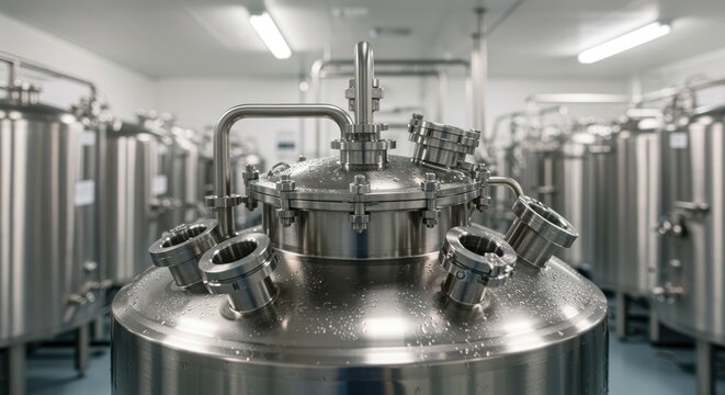 stainless steel fermentation tank with valves in industrial brewing facility modern setup