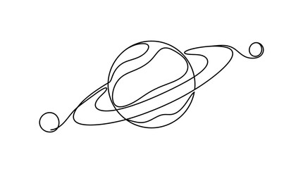 Continuous Single Line Drawing of Saturn Planet with Rings and Moons © Akhsan