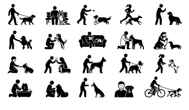 Black dog icon collection showing various poses activities and interactions with people for pet care lifestyle vector designs