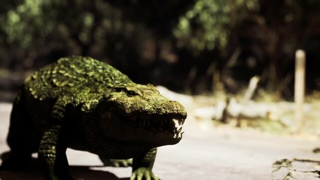 Close up crocodile muzzle with shadow, sharp teeth and textured skin filling frame, roadside vegetation blurred, raw predatory detail ideal for wildlife