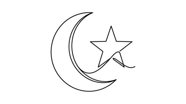 Islamic Crescent Moon and Star Continuous One Line Art Drawing