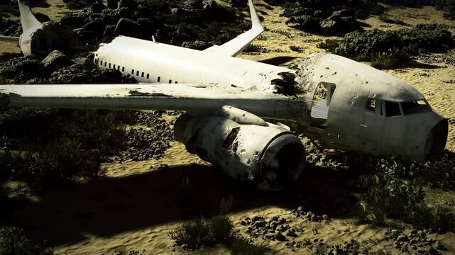 Aerial view crashed transport plane over rocky valley landscape, wide perspective showing scattered wreckage, ridgelines and remote terrain with survey