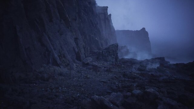 vertical basalt columns rise from rocky shore, geometric cliff faces drop into dark tidal zones, cool low light and rough textures highlight ancient geology