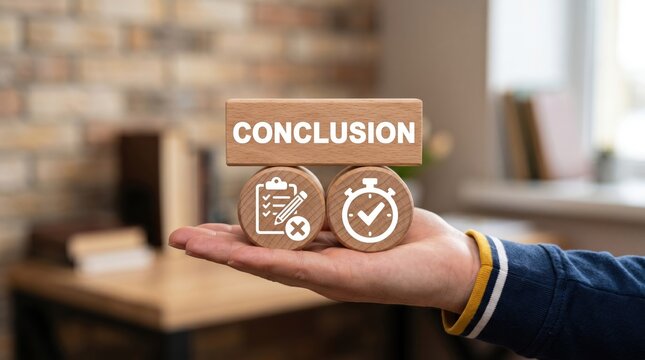 Hand holding wooden conclusion blocks with task