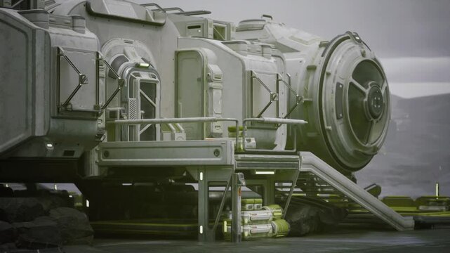 Side view rover maintenance bay showing sensor arrays, service struts, access platforms, diagnostic lights and sealed compartments, methodical technical