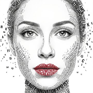 Conceptual portrait of a woman face formed by typography and inspirational words