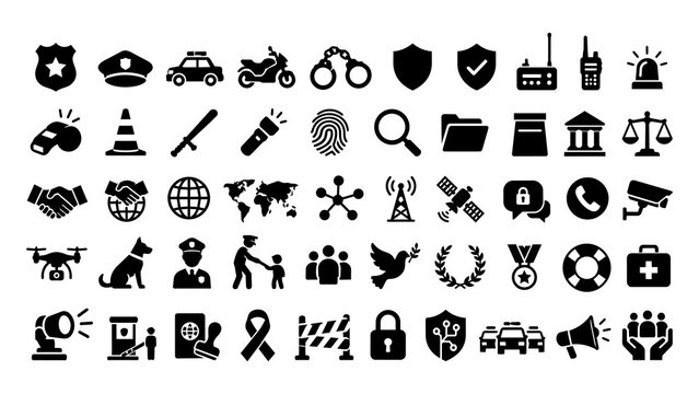 Comprehensive collection of black police and law enforcement vector icons featuring crime prevention symbols on white background