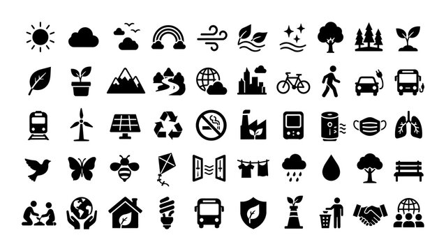 Set of black ecology and environment icons featuring nature sustainability renewable energy climate change and green lifestyle symbols