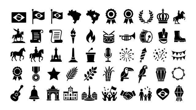Set of black icons representing Brazil independence day symbols culture nature landmarks and national patriotic celebration elements