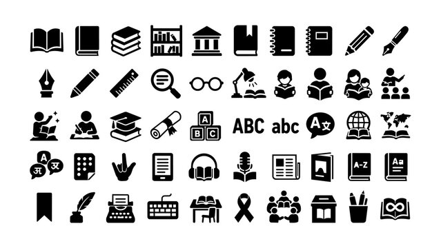 Set of black education icons featuring books stationery academic symbols and learning elements on white isolated background
