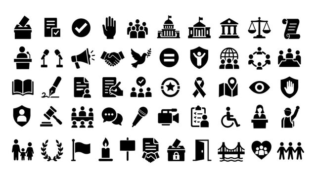 Set of black political and government vector icons featuring legislation symbols on a clean white background
