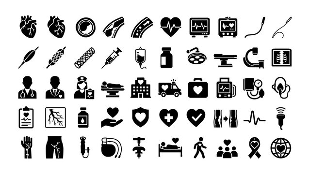 Comprehensive collection of cardiology and medical icons set featuring heart symbols and healthcare equipment in clean black style