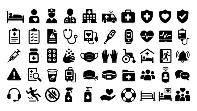 Comprehensive set of professional medical and healthcare icons featuring hospital equipment and clinical diagnostic symbols on white background