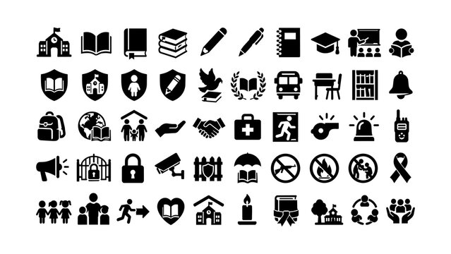 Comprehensive collection of black education and school safety vector icons featuring minimalist design on clean white background