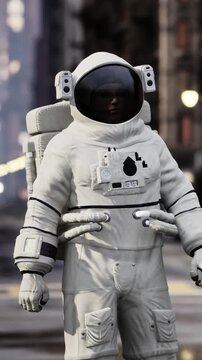 An astronaut is on a busy city street. The sun is shining, and buildings surround the area. The astronaut wears a white space suit and has a visor covering the face.