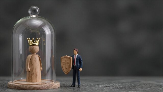 Guardian stands before crowned figure under glass dome, symbolizing protection and authority.