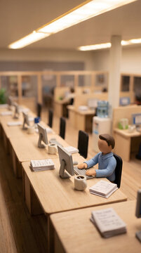 Miniature male figurine working at a computer desk with papers in a claymation style office setup.