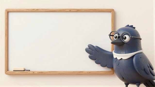 A cartoon bird in glasses gestures toward a blank whiteboard, ready to teach.