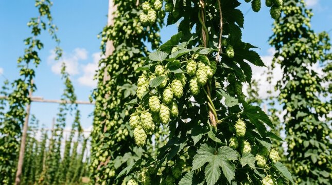 Close up of green hop cones on a climbing vine